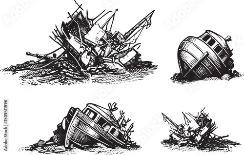 distressed vessel rests on a sandy shoreline amidst scattered wreckage.