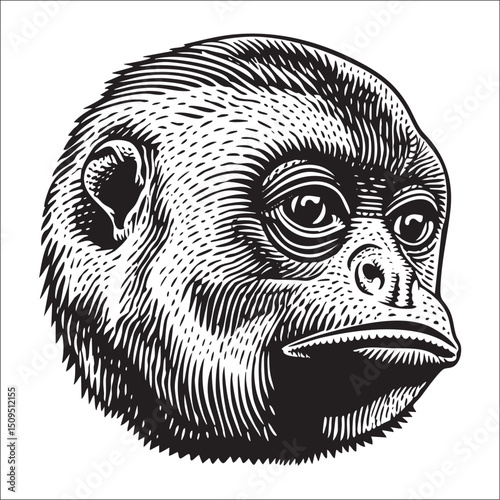 detailed black and white engraving depicts a gorilla's head showcasing intricate linework and expressive eyes.