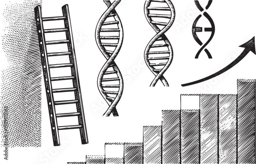 stylized depicts a staircase DNA strands and an upward-pointing graph.
