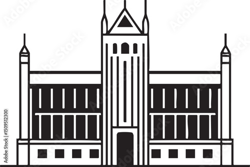 stately building with a prominent tower stands against a clear sky.