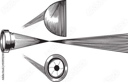 stylized depicts a converging beam of light and a rotating fan.