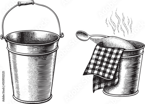 weathered metal bucket rests beside a steaming pail with a checkered cloth.
