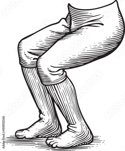 stylized monochrome depicts a figure bending at the waist with arms raised.