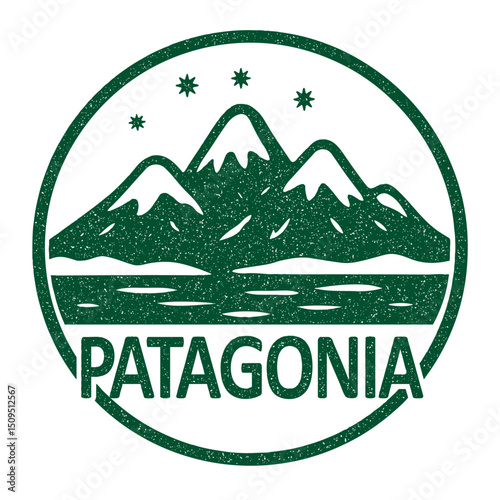 Patagonia stamp featuring snowy mountains in winter illustration on transparent background, vector green