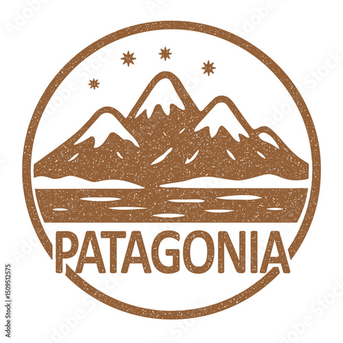 Patagonia stamp featuring snowy mountains in winter illustration on transparent background, vector brown