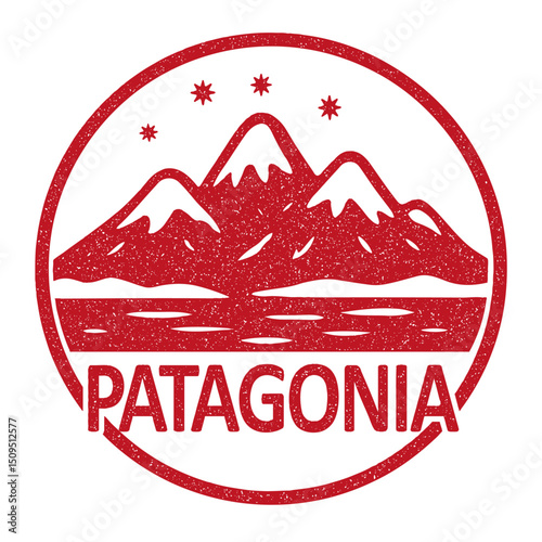 Patagonia stamp featuring snowy mountains in winter illustration on transparent background, vector red