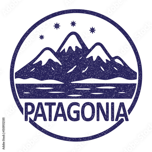 Patagonia stamp featuring snowy mountains in winter illustration on transparent background, vector blue