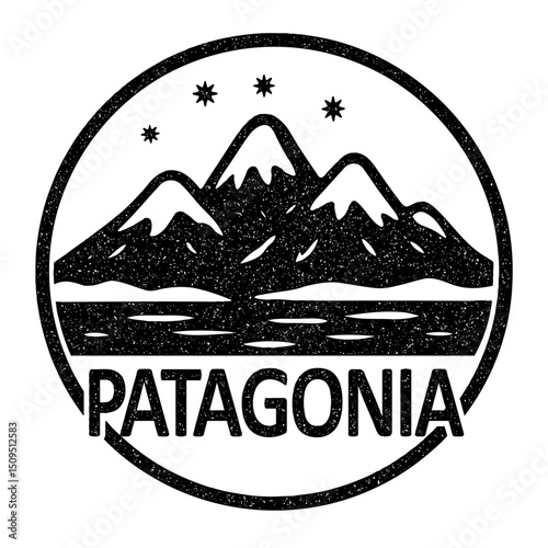 Patagonia stamp featuring snowy mountains in winter illustration on transparent background, vector