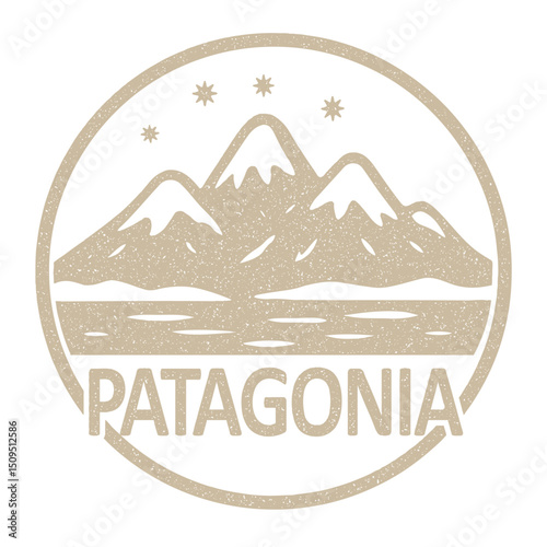 Patagonia stamp featuring snowy mountains in winter illustration on transparent background, vector beige