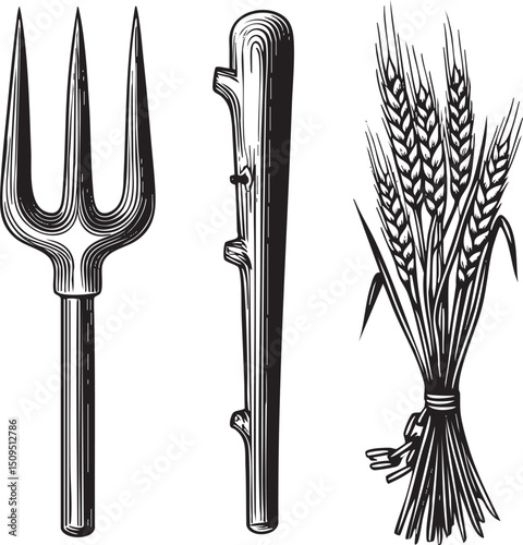 black and white depicts a digging tool a wooden handle and a bundle of wheat.
