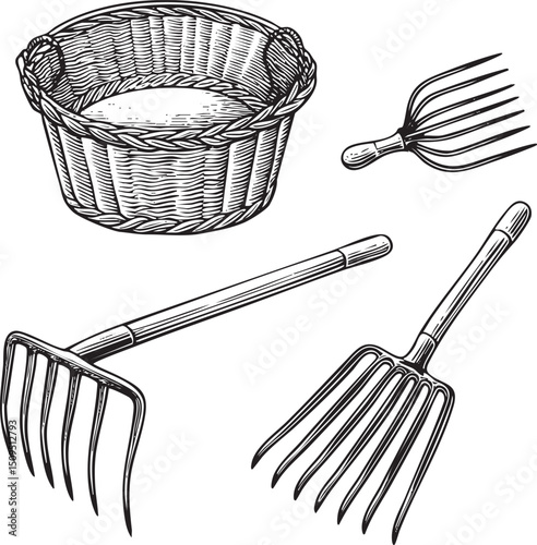 Three gardening tools rest within a woven basket.