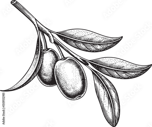 Two olives hang delicately on a slender olive branch.