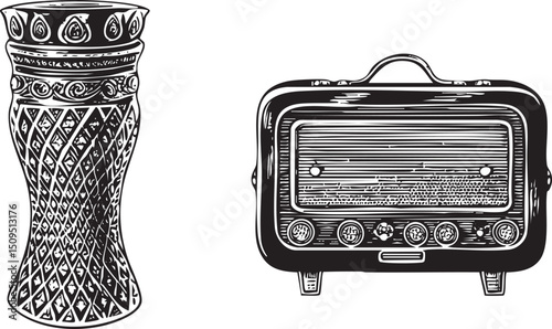 decorative ceramic vase and a vintage radio stand side-by-side.