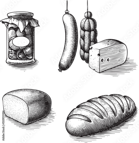 Vintage showcases preserved foods and baked goods.