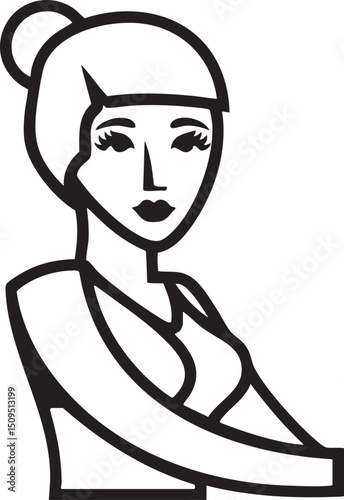 stylized woman with a thoughtful expression gazes directly at the viewer.