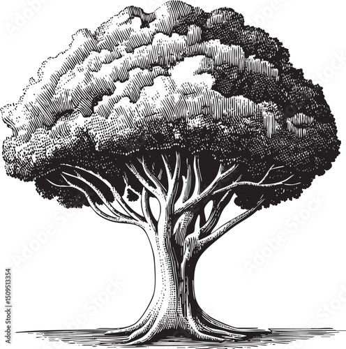large mature tree dominates the with a complex root system.