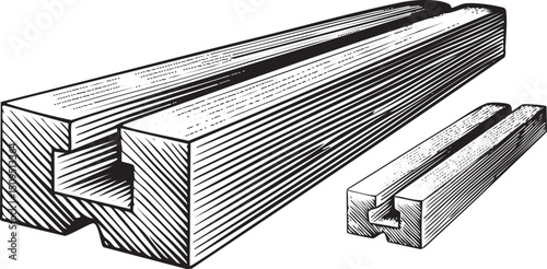 Three wooden planks connect to form a structural framework.