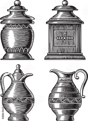 Four antique ceramic vessels are displayed in a detailed black and white engraving.