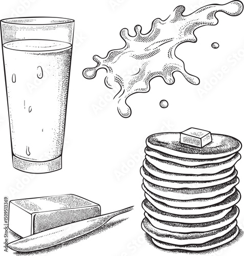 glass of milk spills over a stack of pancakes with butter and jam.