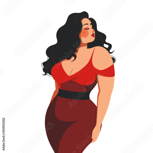 Curvy woman in red dress flat vector design