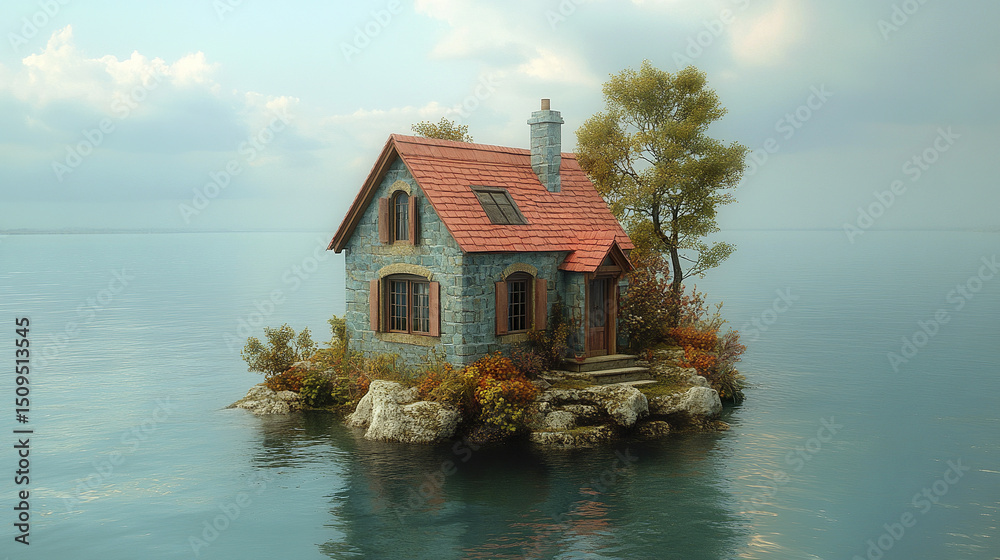 Obraz premium charming house on serene ocean island, surrounded by calm waters and lush greenery