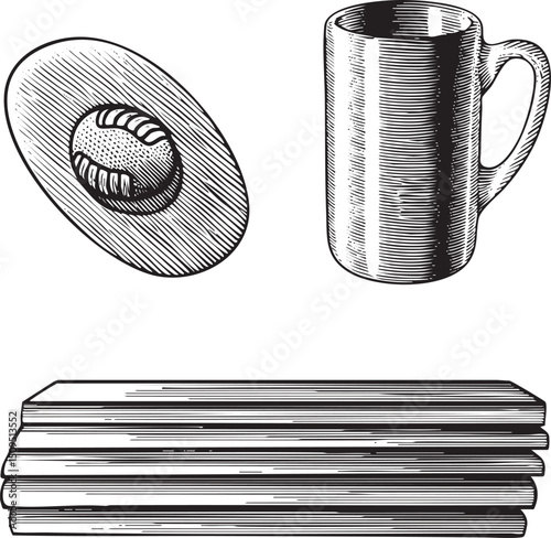 black and white depicts a rugby ball a ceramic mug and a stack of wooden planks.
