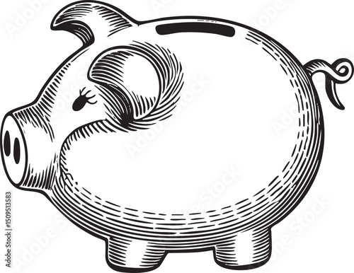 stylized piggy bank shaped like a plump pig is depicted with a coin slot.