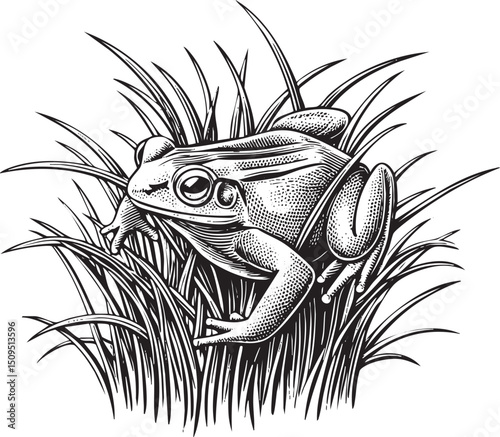 detailed black and white of a frog resting amongst tall blades of grass.