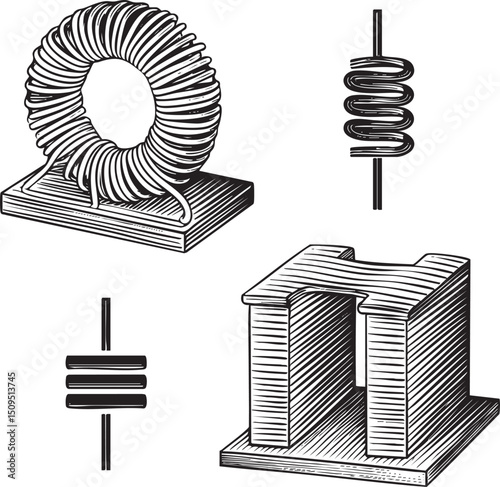 Three distinct electrical components – a coil a capacitor and an inductor – are presented on separate platforms.