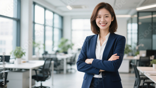 A confident and poised businesswoman stands in a modern office setting. Free Download A confident and poised businesswoman stands in a modern office setting. - GFXLoad