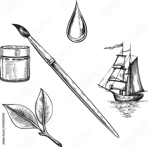 vintage watercolor painting depicts a sailing ship alongside a paintbrush and pigment.