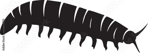 silhouetted segmented worm crawls across a white surface.