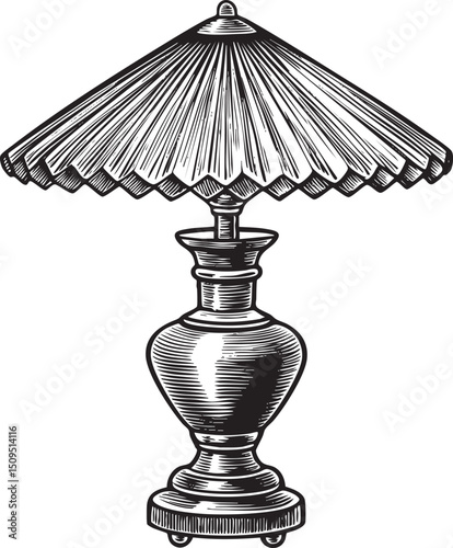 detailed black and white of a decorative table lamp.