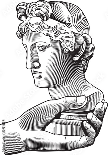 hand gently cradles a classical marble bust showcasing intricate detail.