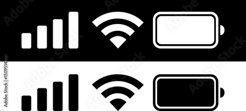 Comprehensive Set of Mobile Device Icons, Including Signal Strength, Wi-Fi Connectivity, and Battery Level Indicators, Essential for Illustrating Smartphone Features and Network Status