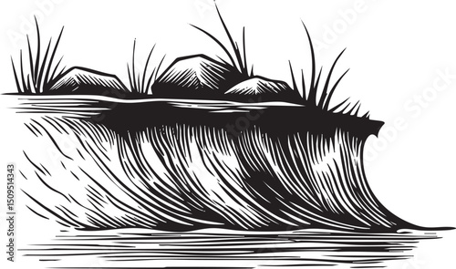 stylized wave rests upon a sandy bank covered in tall grasses.