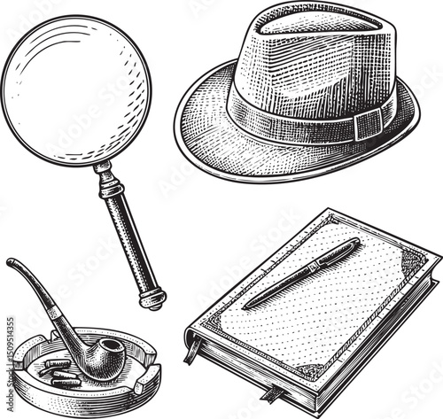 vintage showcases a magnifying glass a fedora hat and a leather-bound notebook.