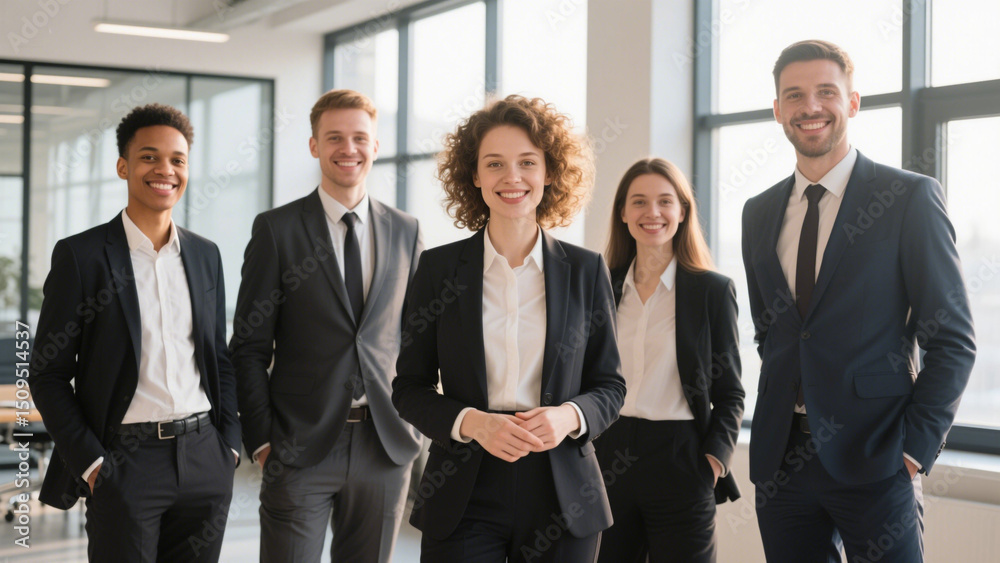 A confident team of professionals standing together in a modern office setting. A confident team of professionals standing together in a modern office setting.