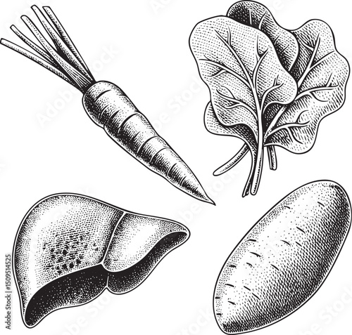 Black and white depicts three vegetables: a carrot spinach leaves and a potato.