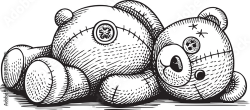 worn teddy bear rests slumped on a dark surface.