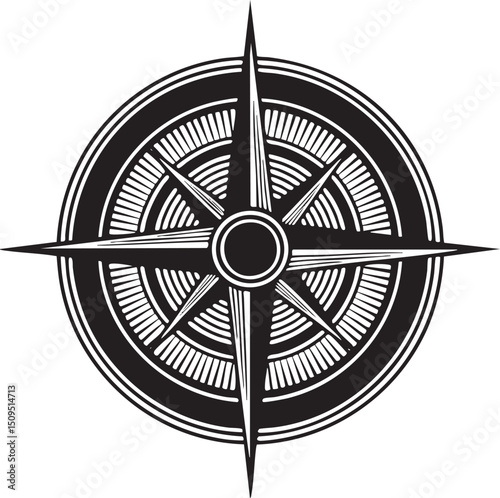 stylized compass rose displays a circular with directional markers.