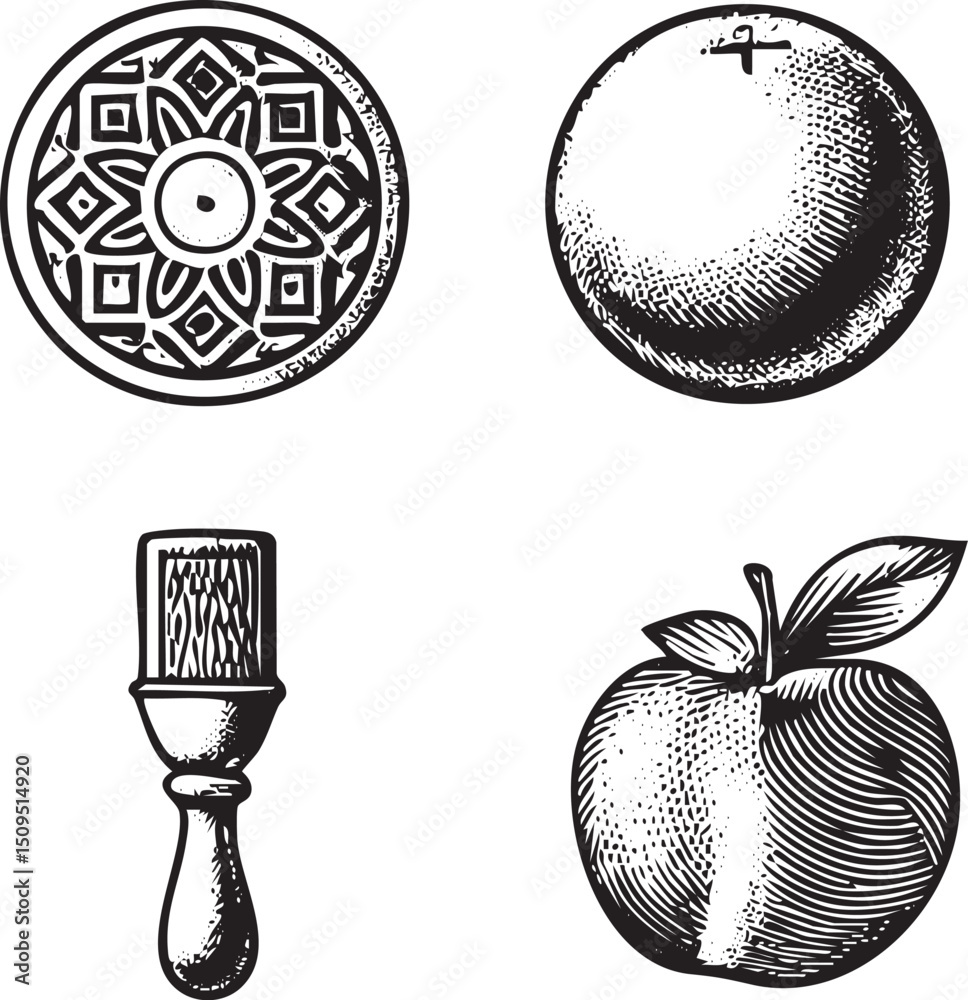 Obraz premium Black and white illustrations of a decorative medallion an orange fruit a paintbrush and a red .