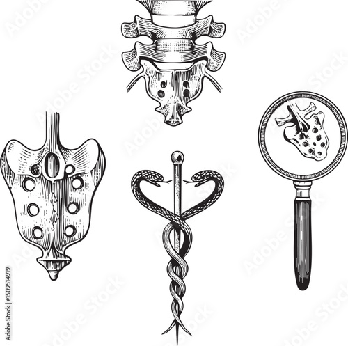 Detailed anatomical of the human spine and a medical symbol.