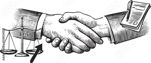 Two hands shake with a document and scales of justice nearby.