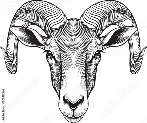 detailed black and white of a ram's head.