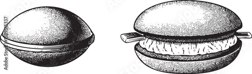 Two stylized monochrome illustrations depict a rounded and a sandwich.