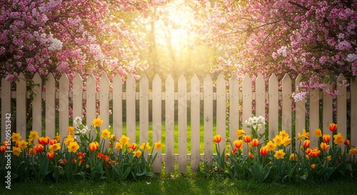Warm sunlight illuminates vibrant spring flowers blooming beautifully beside a white picket fence. AI Generated