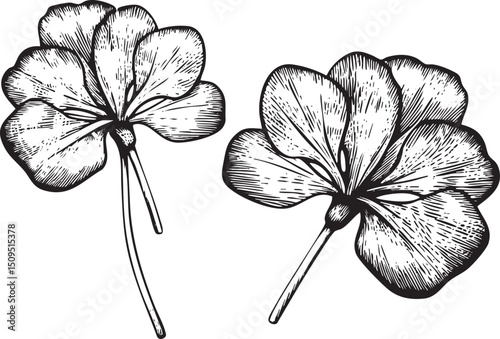 Two detailed botanical illustrations of clover flowers in black and white.