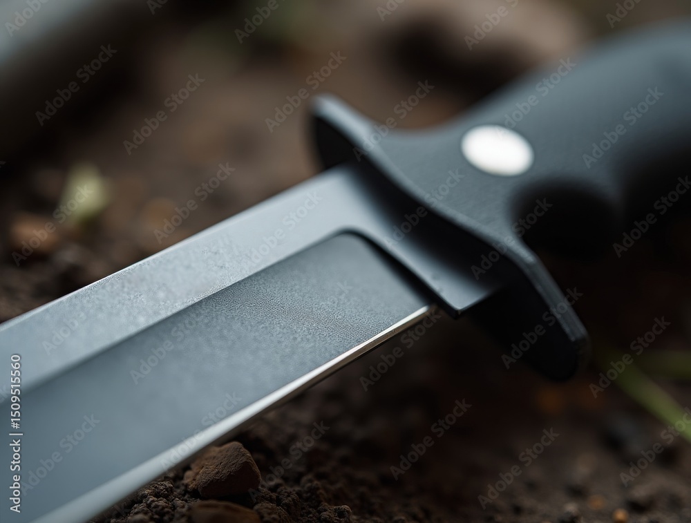 Obraz premium A military-grade knife viewed up close, focusing on serrated blade texture, cropped composition