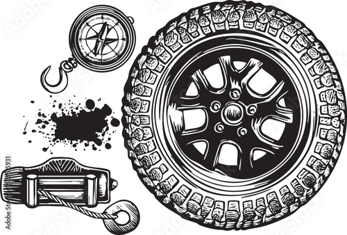 black and white depicts a tire compass and wrench.